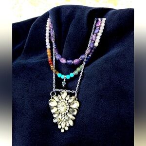 Collage necklace Crystal Pendant Handmade Layered Repurposed Ornate OOAK 4191 L